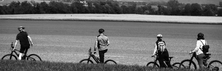 people on bikes in the middle of agricultural fields